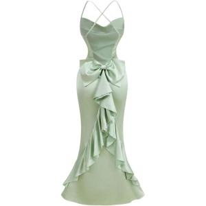 image:imageFloerns Womens Satin Bow Cocktail Maxi Dress Cowl Neck Ruffle Trim Wedding Guest DressesGreen