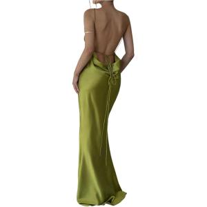 image:imageFloerns Womens Satin Tie Backless Cocktail Dress Fishtail Wedding Guest Maxi DressesOlive Green