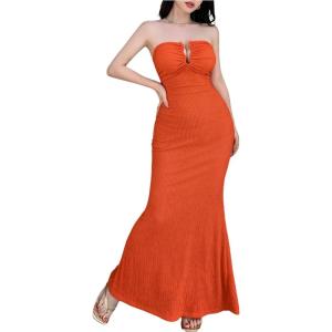 image:imageFloerns Womens Sexy Ruched Strapless Tube Fishtail Hem Maxi Long Dress Party Cocktail Wedding DressesCoral Orange