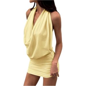 image:imageFloerns Womens Sleeveless Halter Dress Draped Cowl Neck Party Bodycon Mini DressesYellow