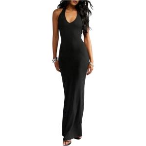 image:imageFloerns Womens Sleeveless Maxi Dress Halter Neck Backless Fishtail Hem Evening Bodycon DressesBlack