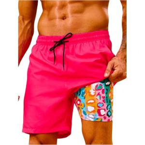 image:imageFloerns Mens Beach Swim Trunks with Compression Liner 7 Inch Quick Dry Swim Board Shorts Swimwear Bathing Suits SwimsuitBright Pink