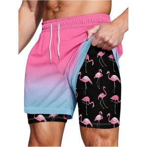 image:imageFloerns Mens Beach Swim Trunks with Compression Liner 7 Inch Quick Dry Swim Board Shorts Swimwear Bathing Suits SwimsuitPink Flamingo