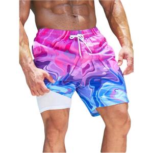 image:imageFloerns Mens Beach Swim Trunks with Compression Liner 7 Inch Quick Dry Swim Board Shorts Swimwear Bathing Suits SwimsuitPurple Multi