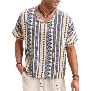image:imageFloerns Mens Boho Geo Print Short Sleeve Shirts Drop Shoulder Summer Casual Shirt Top