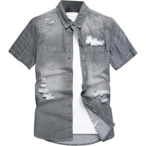 image:imageFloerns Mens Causal Ripped Button Front Dual Pocket Short Sleeve Denim Shirt Without TeeA Grey