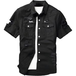 image:imageFloerns Mens Causal Ripped Button Front Dual Pocket Short Sleeve Denim Shirt Without TeeBlack