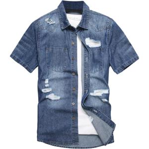 image:imageFloerns Mens Causal Ripped Button Front Dual Pocket Short Sleeve Denim Shirt Without TeeBlue