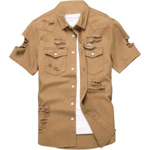 image:imageFloerns Mens Causal Ripped Button Front Dual Pocket Short Sleeve Denim Shirt Without TeeBrown