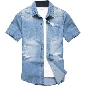 image:imageFloerns Mens Causal Ripped Button Front Dual Pocket Short Sleeve Denim Shirt Without TeeLight Blue