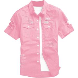 image:imageFloerns Mens Causal Ripped Button Front Dual Pocket Short Sleeve Denim Shirt Without TeeLight Pink