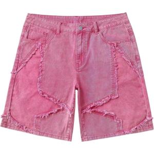 image:imageFloerns Mens Frayed Hem Star Pattern Wide Leg Denim Shorts with PocketHot Pink