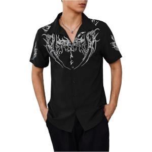 image:imageFloerns Mens Goth Cross Print Short Sleeve Shirt Button Down Collar Y2k Blouse TopBlack