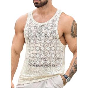 image:imageFloerns Mens Hollow Out Crochet Tank Top Sleeveless Crewneck Muscle Beach Hippie Shirts