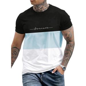 image:imageFloerns Mens Letter Print Short Sleeve Colorblock Crewneck Casual Tee ShirtLight Blue