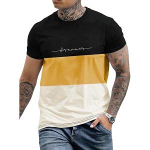image:imageFloerns Mens Letter Print Short Sleeve Colorblock Crewneck Casual Tee ShirtMustard Yellow