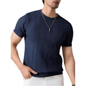 image:imageFloerns Mens Ribbed Knit T Shirt Short Sleeve Crew Neck Casual Slim Fit Tee TopDark Blue