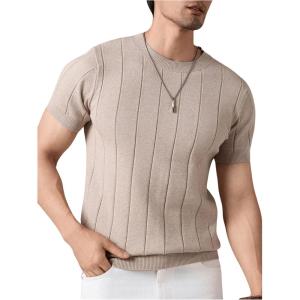 image:imageFloerns Mens Ribbed Knit T Shirt Short Sleeve Crew Neck Casual Slim Fit Tee TopLight Khaki