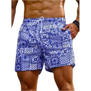 image:imageFloerns Mens Swim Trunk Floral Print Hawaiian Bathing Suit Beach Shorts with PocketBlue and White