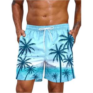 image:imageFloerns Mens Tropical Print Drawstring Waist Straight Leg Swim Trunks ShortsLight Blue