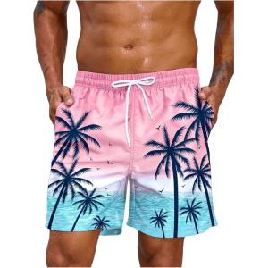 image:imageFloerns Mens Tropical Print Drawstring Waist Straight Leg Swim Trunks ShortsPink Multi