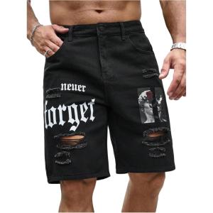 image:imageFloerns Mens Y2k Graphic Print Bermuda Jorts Grunge Distressed Denim Jean ShortsBlack