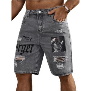 image:imageFloerns Mens Y2k Graphic Print Bermuda Jorts Grunge Distressed Denim Jean ShortsGrey