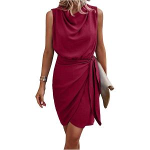 image:imageFloerns Womens Business Casual Elegant Wrap Tie Side Tank Dress Cowl Neck Sleeveless Work Short DressesBurgundy