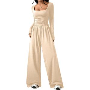 image:imageFloerns Womens Casual Long Sleeve Square Neck Wide Leg Jumpsuit Going Out One Piece Romper Overalls Fall OutfitApricot