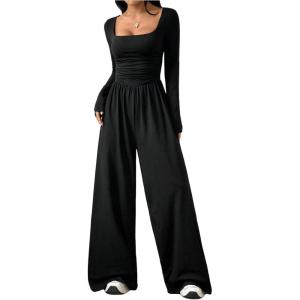 image:imageFloerns Womens Casual Long Sleeve Square Neck Wide Leg Jumpsuit Going Out One Piece Romper Overalls Fall OutfitBlack