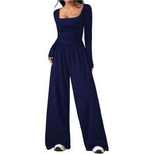 image:imageFloerns Womens Casual Long Sleeve Square Neck Wide Leg Jumpsuit Going Out One Piece Romper Overalls Fall OutfitDark Blue