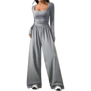 image:imageFloerns Womens Casual Long Sleeve Square Neck Wide Leg Jumpsuit Going Out One Piece Romper Overalls Fall OutfitLight Grey