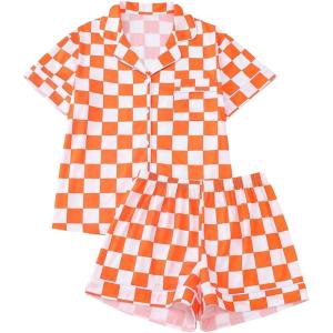 image:imageFloerns Womens Checkered Pajama Set Short Sleeve Button Down Shirts and Shorts SetOrange White Plaid