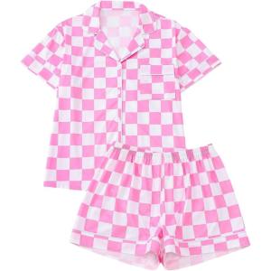 image:imageFloerns Womens Checkered Pajama Set Short Sleeve Button Down Shirts and Shorts SetPink White Plaid