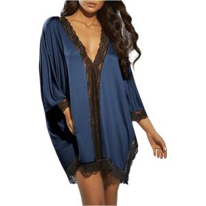 image:imageFloerns Womens Dolman Sleeve Pajama Dress Lace Trim V Neck Sleepwear Nightgown Night DressBlue