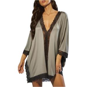 image:imageFloerns Womens Dolman Sleeve Pajama Dress Lace Trim V Neck Sleepwear Nightgown Night DressGrey