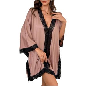 image:imageFloerns Womens Dolman Sleeve Pajama Dress Lace Trim V Neck Sleepwear Nightgown Night DressPink