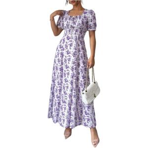 image:imageFloerns Womens Floral Short Puff Sleeve Milkmaid Dress Boho A Line Long DressesMauve Purple