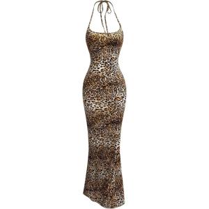 image:imageFloerns Womens Leopard Print Sleeveless Halter Dress Club Bodycon Maxi DressesBrown