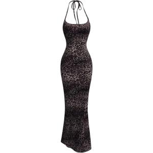 image:imageFloerns Womens Leopard Print Sleeveless Halter Dress Club Bodycon Maxi DressesCoffee Brown