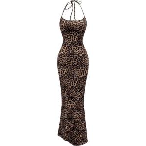 image:imageFloerns Womens Leopard Print Sleeveless Halter Dress Club Bodycon Maxi DressesRust Brown