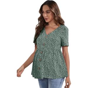 image:imageFloerns Womens Maternity Casual Summer Spring Vacation Ruffle Flowy V Neck Short Sleeve Button Front Peplum Blouse TopA Green