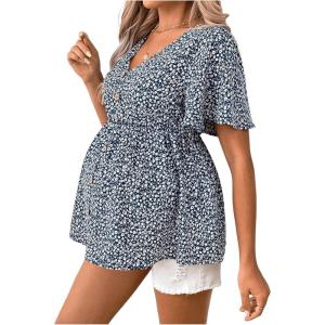 image:imageFloerns Womens Maternity Casual Summer Spring Vacation Ruffle Flowy V Neck Short Sleeve Button Front Peplum Blouse TopBlue B