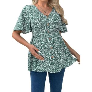 image:imageFloerns Womens Maternity Casual Summer Spring Vacation Ruffle Flowy V Neck Short Sleeve Button Front Peplum Blouse TopGreen a