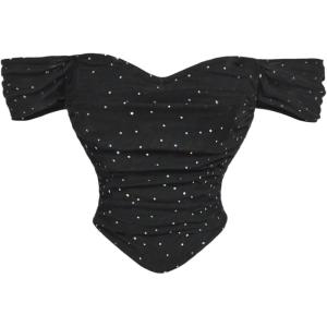image:imageFloerns Womens Off Shoulder Short Sleeve Asymmetrical Hem Ruched Corset Crop TopBlack Sparkling
