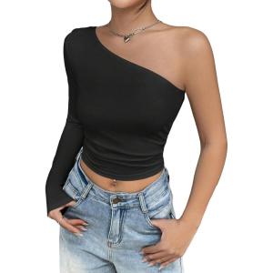 image:imageFloerns Womens One Shoulder Long Sleeve Ruched Side Crop Tops Tee ShirtBlack