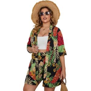 image:imageFloerns Womens Plus Size 2 Piece Outfit Tropical Print Kimono Top and Shorts SetA Multicolor