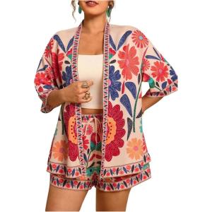 image:imageFloerns Womens Plus Size 2 Piece Outfit Tropical Print Kimono Top and Shorts SetApricot