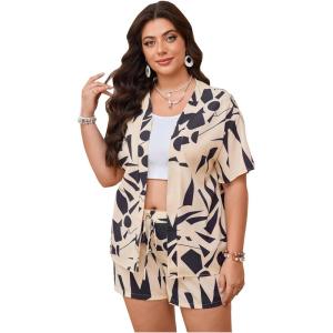 image:imageFloerns Womens Plus Size 2 Piece Outfit Tropical Print Kimono Top and Shorts SetBeige Graphic