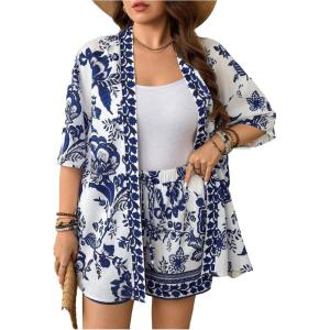 image:imageFloerns Womens Plus Size 2 Piece Outfit Tropical Print Kimono Top and Shorts SetBlue and White